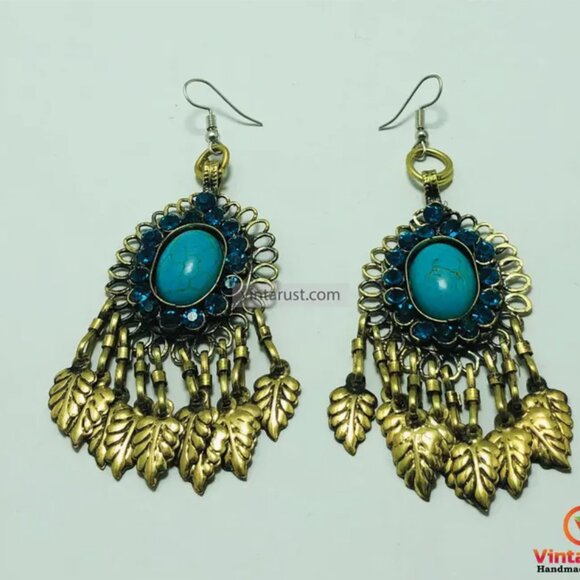 Handmade Turquoise Chandelier Earrings: Kuchi Boho Brass Dangle - Picture 2 of 9